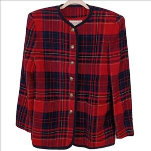 Liz Claiborne Blazer Women Size 4 Red Navy Plaid Gold Button Equestrian Jacket
